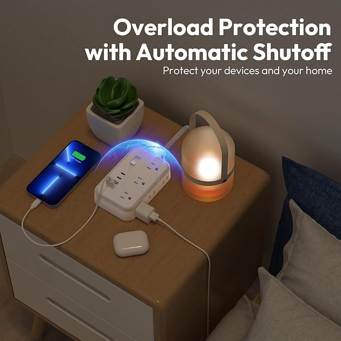 NTONPOWER Surge Protector Power Strip with 6 Outlets 4 USB Charging Station(2 USB C Port), 5 Ft Flat Plug Extension Cord, Outlet Extender for Indoor, Home, Office Supplies, Dorm Room Essentials