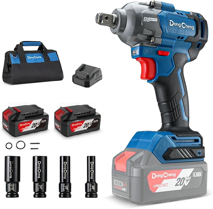 Dong Cheng 20V Brushless Impact Wrench, Max Torque 360 ft-lbs (488N.m), 1/2" with 3 Mode Speed, 2400 RPM Cordless Impact Gun, Includes 2 * 4.0Ah Battery and Charger, 4 Impact Sockets and Kit Bag
