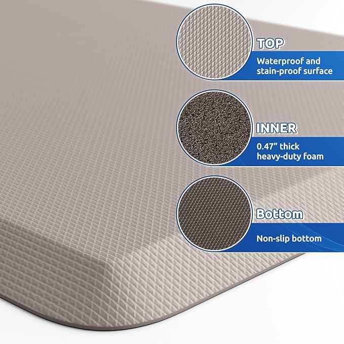 KitchenClouds 2PCS Kitchen Rugs Cushioned Anti-Fatigue Non-Slip Waterproof Kitchen Mat Comfort Foam Standing Mat for Floor Office Sink Laundry (Khaki)