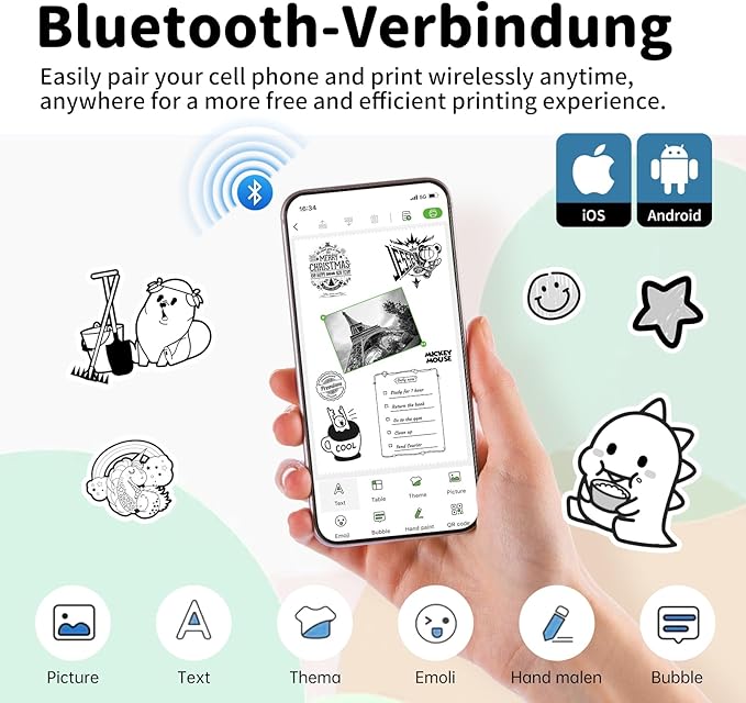 iDPRT Sticker Printer - Mini Portable Printer Bluetooth Thermal Label Printer with 1 Roll Sticker Paper, Inkless Sticker Maker Machine Pocket Instant Print for Study Notes, Pictures, DIY, Label