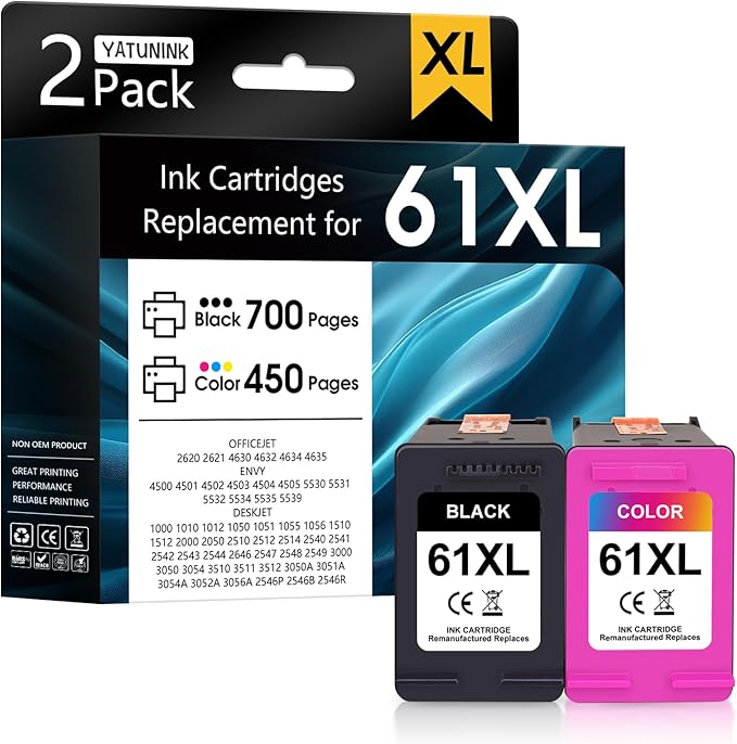61XL 61 Ink Cartridge Combo Pack Compatible for HP Ink 61 Works with Envy 4500 4501 4630 5530 Deskjet 1000 1010 2540 Officejet 4630 4635 Printer (1 Black, 1 Color) 2-Pack