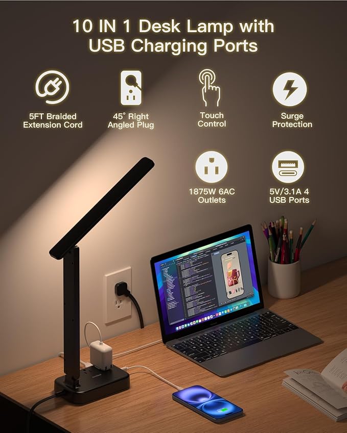 One Beat Desk Lamp with 6 Outlets 4 USB Ports(2×USB-C),Eye Protection Table Lamp Power Strip with 4 Color Modes 5 Brightness Touch LED Desk Lamps for Home Office College Dorm Room Essentials(Black)