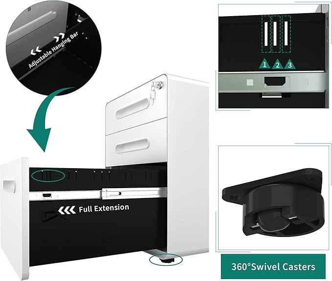 YITAHOME 3 Drawer Mobile File Cabinet, Metal Vertical File Cabinet with Lock, Filing Cabinet Under Desk fits Legal/A4 Size for Home Office, Fully Assembled, White