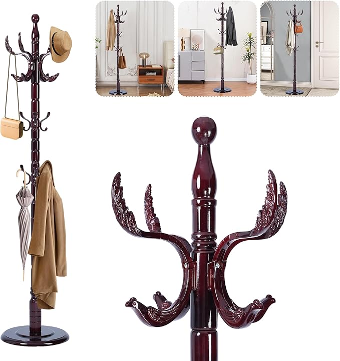 Solid Wood Coat Rack – 72" Freestanding Coat Racks Stand with 14 Hooks & Stable Base, Adjustable Height Modern Wooden Hall Tree for Entryway, Bedroom, Office, Home (Mahogany Phoenix Hook)