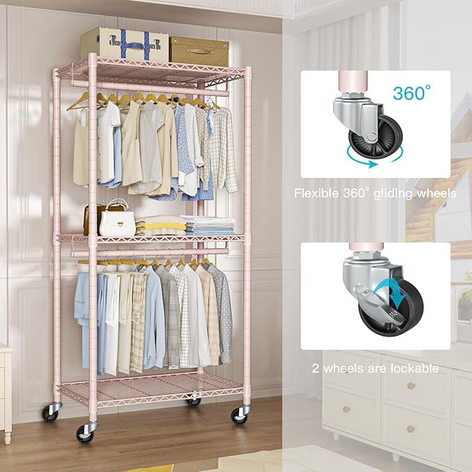 P1 Medium Heavy-Duty Portable Closet, 30" W x 14" D x 76" H, Metal Rolling Clothing Rack, Pink