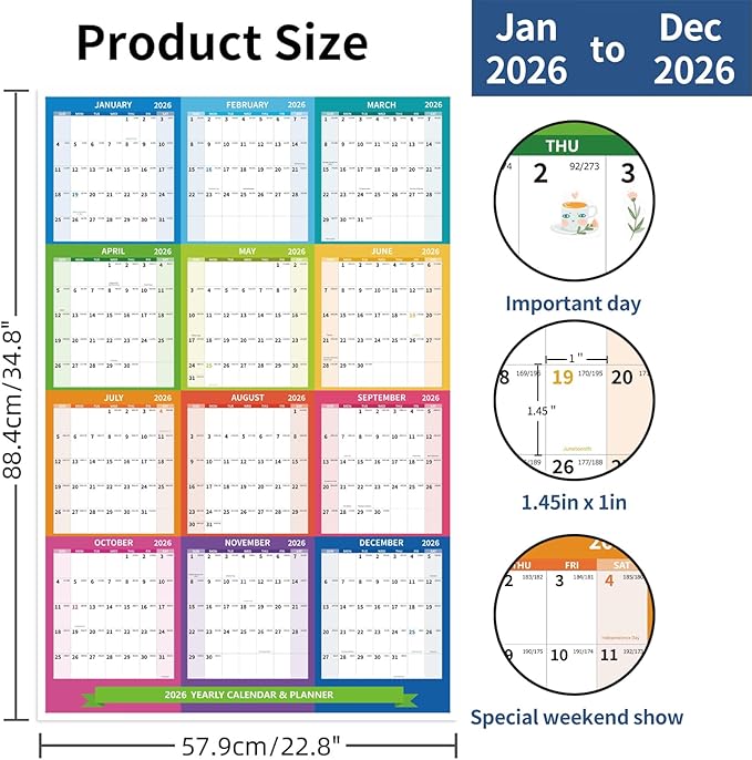 2026 Wall Calendar 34.8" x 22.8" Large Vertical Yearly Wall Hanging Calenda with Julian Date Thick Paper Calendar 12 Month Annual Wall Planner for Wall Office Fridge(Colorful)