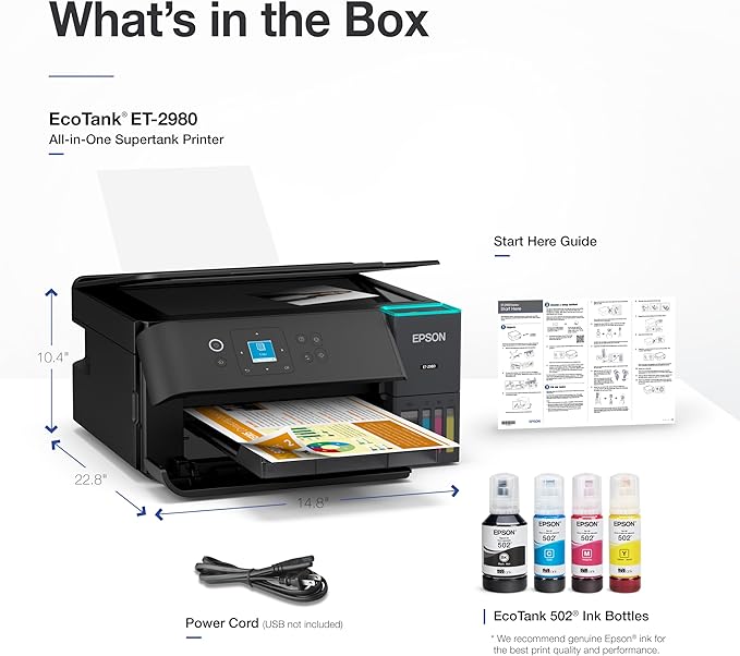 Epson EcoTank ET-2980 Wireless All-in-One Color Supertank Printer with up to 3 Years of Ink, Refillable Tanks, Perfect for Home, 15 PPM, 1.44" Color Screen, Auto 2-Sided Printing - Black