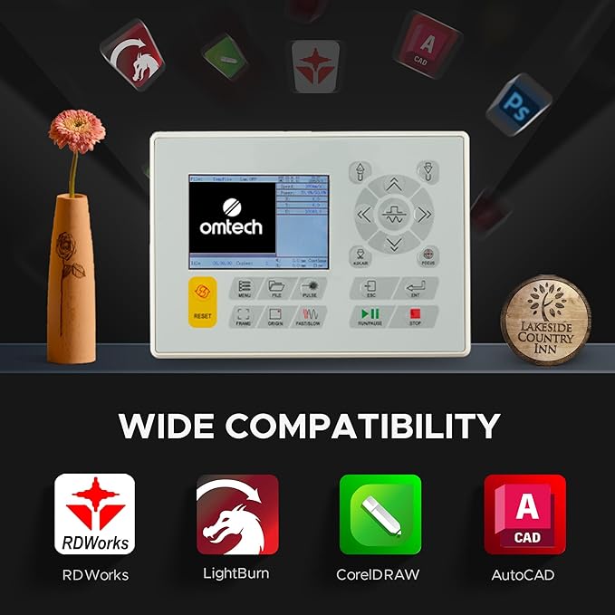 OMTech 90W CO2 Laser Engraver with LightBurn, 28"x20" Cutting & Engraving Machine with Air Assist, 4-Way Pass, Caster Wheels, RDWorks, for Wood, Glass, Acrylic & More