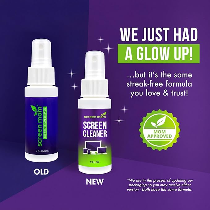 Screen Cleaner Spray and 2 Microfiber Cloths - 2oz Bottle by Screen Mom-Screen Cleaner Spray and Wipe for TV, Computer, Phone, iPad, Car Screen Cleaning Kit Electronic Cleaner Spray