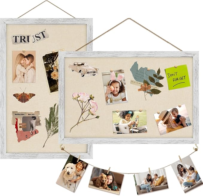 Egofine Cork Board Bulletin Board with Linen, 16x11 Wood Frame Pin Board, 2 Pack Cork Boards for Walls, Vision Board Hanging horizontal or Vertically for Office Home Decor School Kitchen, Rustic White