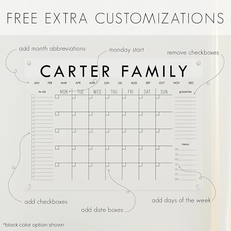 Personalized Clear Acrylic Calendar for Wall, Calendar Whiteboard for Wall, Dry Erase Wall Calendar, Wall Calendar Organizer System for Home (Block, Navy, 31"W x 23"H)