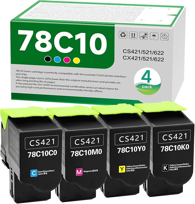 78C10K0 78C10C0 78C10M0 78C10Y0 High Yield Toner Cartridge Replacement for Lexmark CS421 CS521 CS622 CX522 CX421 CX622 CX625 CS622de CS521dn CS421dn CX421adn CX522ade Printer （4 Pack）