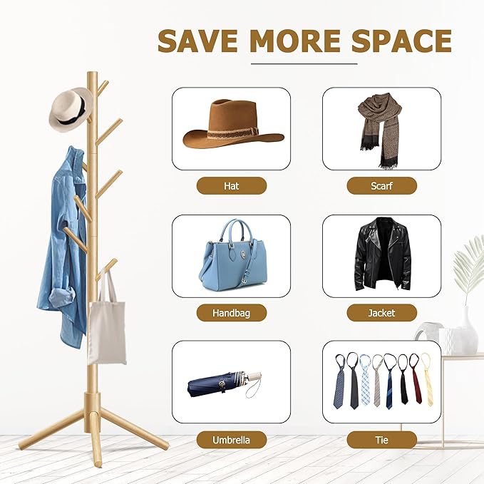 Wooden Coat Rack, Free Standing Coat Rack with 8 Hooks 3 Adjustable Heights for Clothes, Hats, Handbags, Coat Tree Easy Assembly for Entryway, Bedroom, Hallway, Office (New Nature)