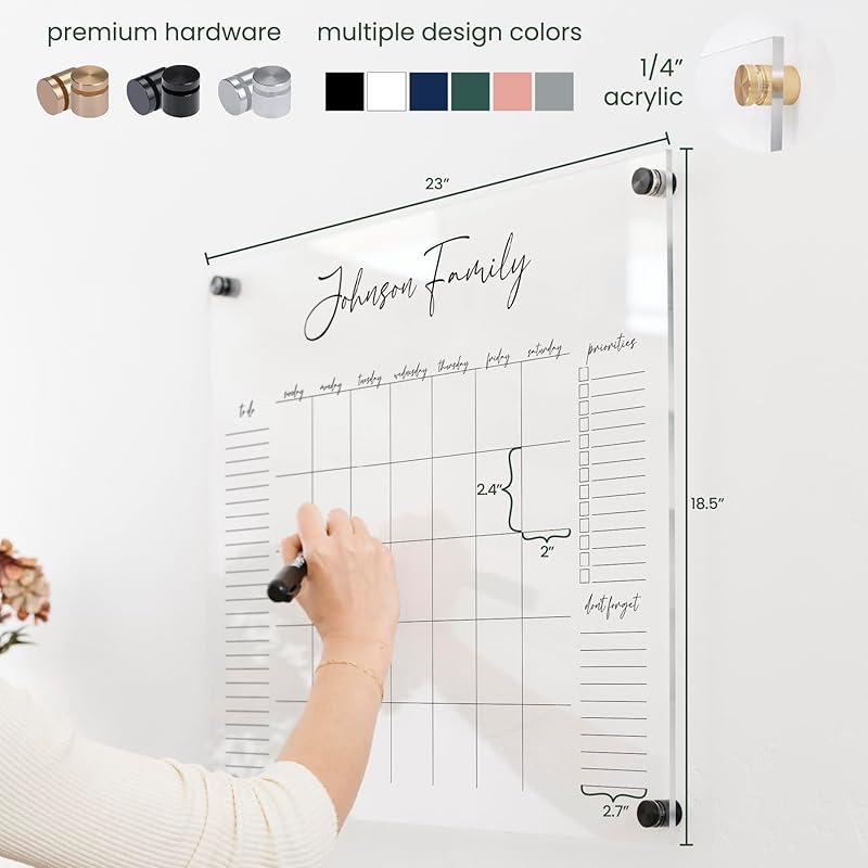 Personalized Clear Acrylic Calendar for Wall, Calendar Whiteboard for Wall, Dry Erase Wall Calendar, Wall Calendar Organizer System for Home (Cursive, Navy, 23"W x18.5"H)