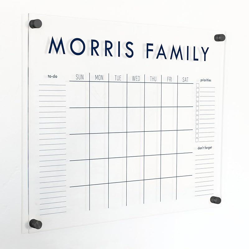 Personalized Clear Acrylic Calendar for Wall, Calendar Whiteboard for Wall, Dry Erase Wall Calendar, Wall Calendar Organizer System for Home (Block, Navy, 23"W x18.5"H)