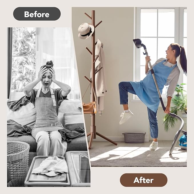 Wooden Tree Coat Rack Stand,Sturdy Freestanding Coat Rack with 8 Hooks,3 Adjustable Height for Child Adult,Wood Coat Stand Tree Fits Entryway Bedroom Office for Bags,Hats