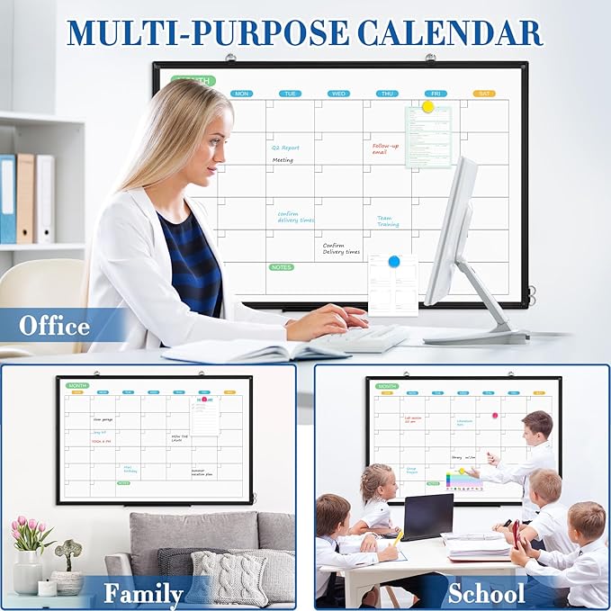 WALGLASS Dry Erase Calendar Whiteboard for Wall, 36" x 24" Double-Sided Monthly Calendar White Board with Black Aluminum Frame, Hanging or Wall Mount Whiteboard for Home, Office, School