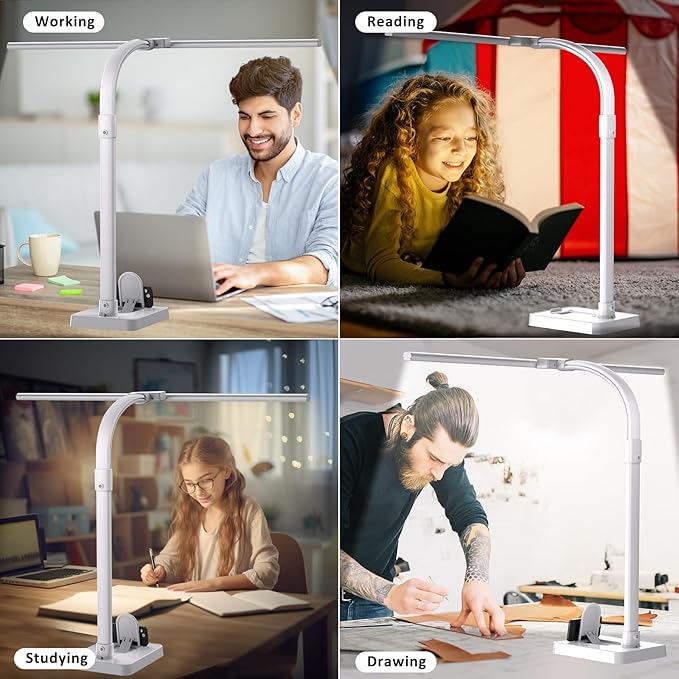 Double Head LED Desk Lamp, Architect Desk Lamps for Home Office, 24W Brightest Workbench Office Lighting-5 Color Modes and 5 Dimmable Eye Protection Modern Desk Lamp (White-Desktop, Big)