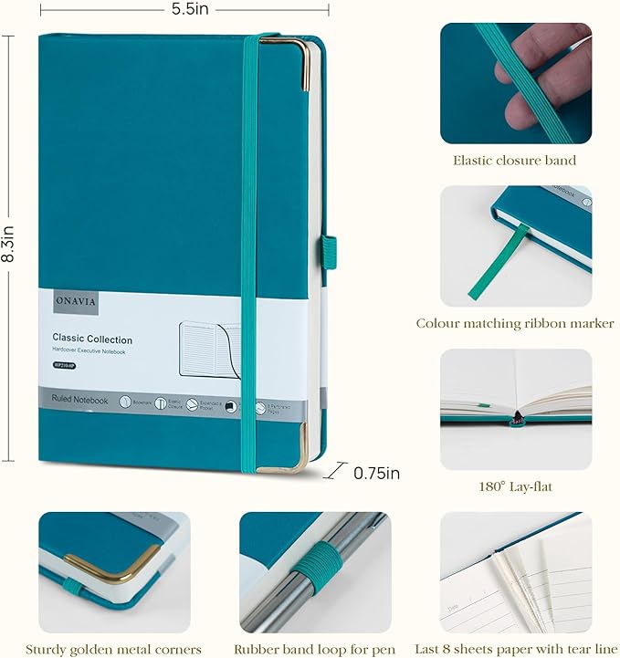 A5 Lined Journal Notebook - 100 GSM Thick Paper, Hardcover Journaling Notebook for Writing, Work, Travel, College Ruled Journal for Women Men, PU Leather Note Book, 5.5”x8.3”- Pacific Green