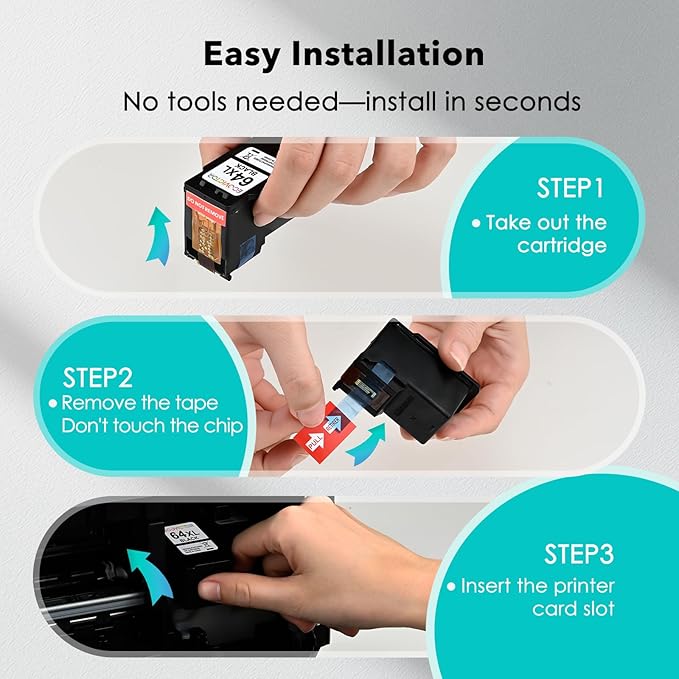 Remanufactured 64XL Ink Cartridges Black/Color Replacement for HP 64XL Ink Cartridge Combo Pack HP Ink 64 for Envy 7855 7858 7155 7800 6252 6255 7100 7164 7200e 7955e 7900e Tango X Printer