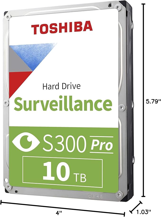 Toshiba S300 PRO 10TB Surveillance 3.5” Internal Hard Drive – CMR SATA 6 Gb/s 7200 RPM 512MB Cache - HDWTA1AUZSVAR