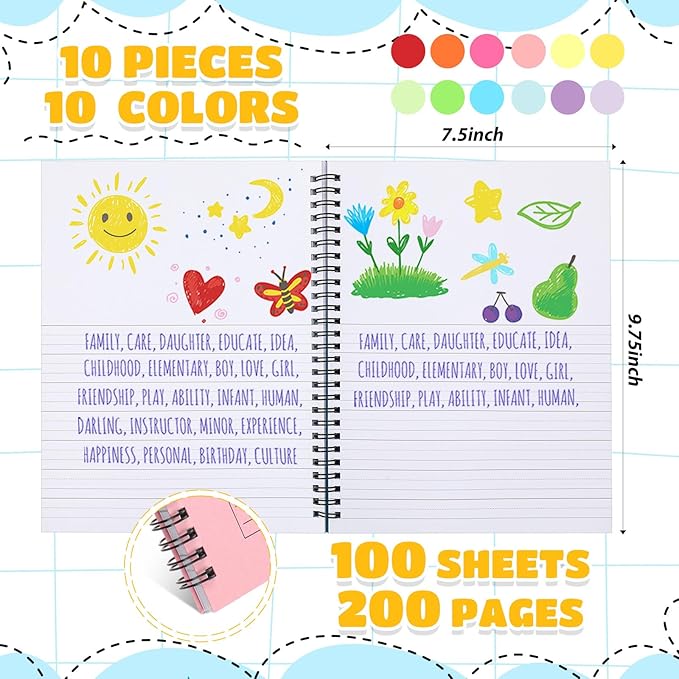 Henoyso 10 Pcs 100/50 Sheets Primary Composition Notebook K-2 Bulk Spiral Primary Journal Drawing Handwriting Practice for Kids Kindergarten 1st 2nd Back to School Supplies (Stylish Color,100 Sheets)