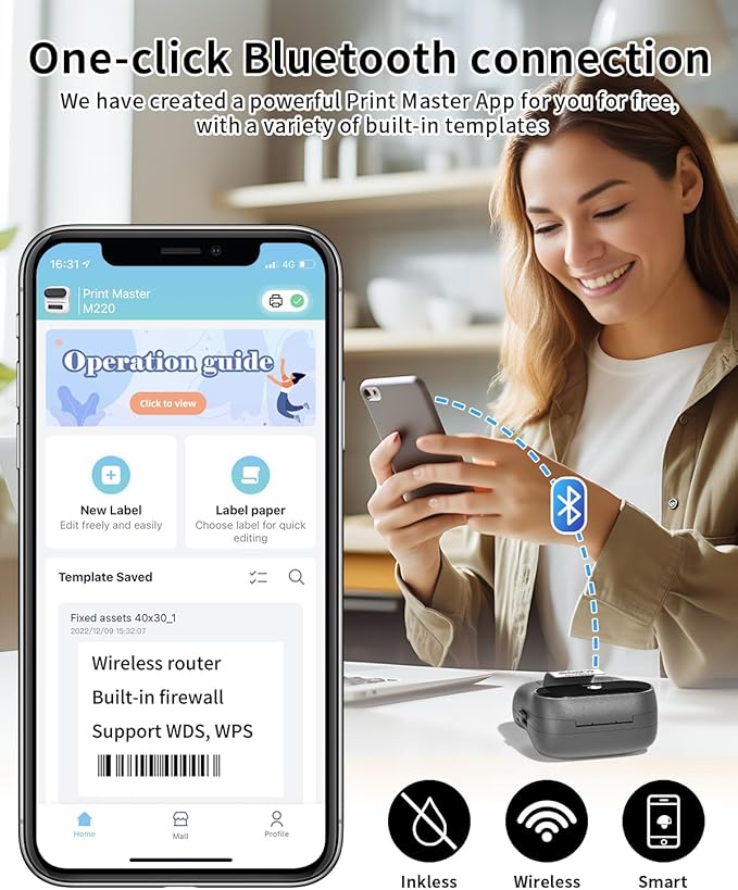 Phomemo M220 Label Maker, Bluetooth Barcode Label Printer, Thermal Sticker Maker Machine for Barcode, Address, Tag Labeling, Compatible with Phone & Laptop