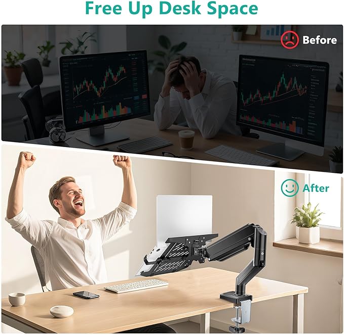 WALI Laptop Desk Mount, 2-in-1 Monitor Mount with Adjustable Laptop Tray, Fits Max 17" Notebook and 34" Computer Screen, Max Holds 22-26.4 lbs, Single Monitor Laptop Stand for Desk (GSMP001NLP), Black
