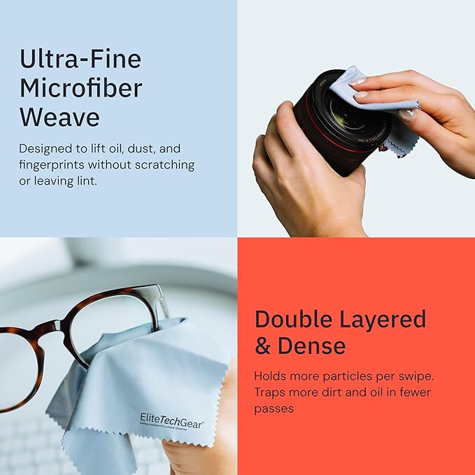 Elite Tech Gear Microfiber Cleaning Cloth 12-Pack - 12"x12" Oversized, Washable & Durable for Glasses, Lenses, Electronics & Screens - High Tech Quality Material