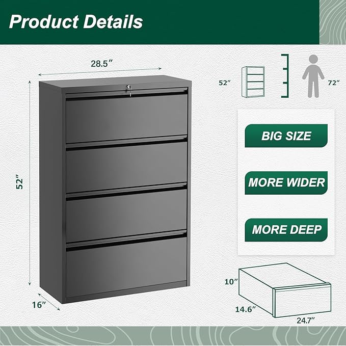 Superday Filing Cabinet Lateral File Cabinet 4 Drawer, Filing Cabinets with Lock, Locking Metal File Cabinets for Home OfficeLegal/Letter/A4/F4(Black)