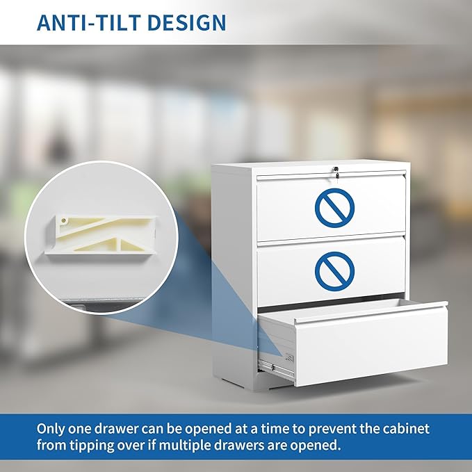 Lateral File Cabinet 3 Drawer, Metal File Cabinets for Home Office Legal/Letter A4 Size, File Cabinet with Lock, Require Assembly, White
