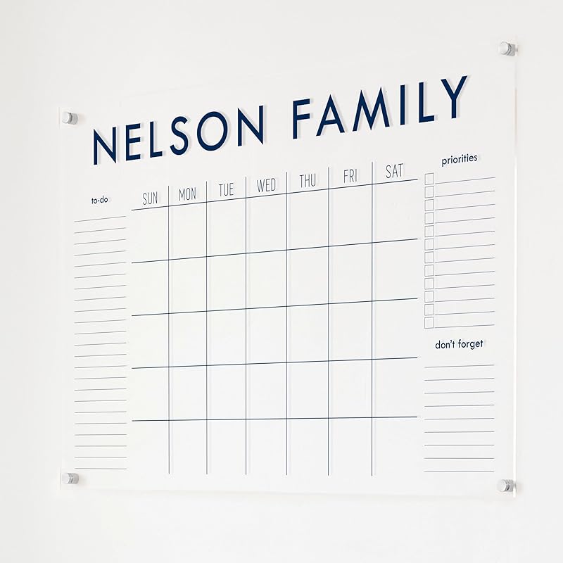 Personalized Clear Acrylic Calendar for Wall, Calendar Whiteboard for Wall, Dry Erase Wall Calendar, Wall Calendar Organizer System for Home (Block, Navy, 38"W x 26"H)