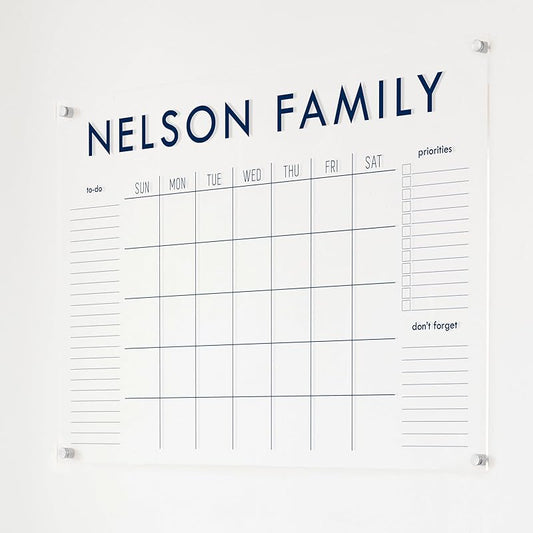 Personalized Clear Acrylic Calendar for Wall, Calendar Whiteboard for Wall, Dry Erase Wall Calendar, Wall Calendar Organizer System for Home (Block, Navy, 38"W x 26"H)