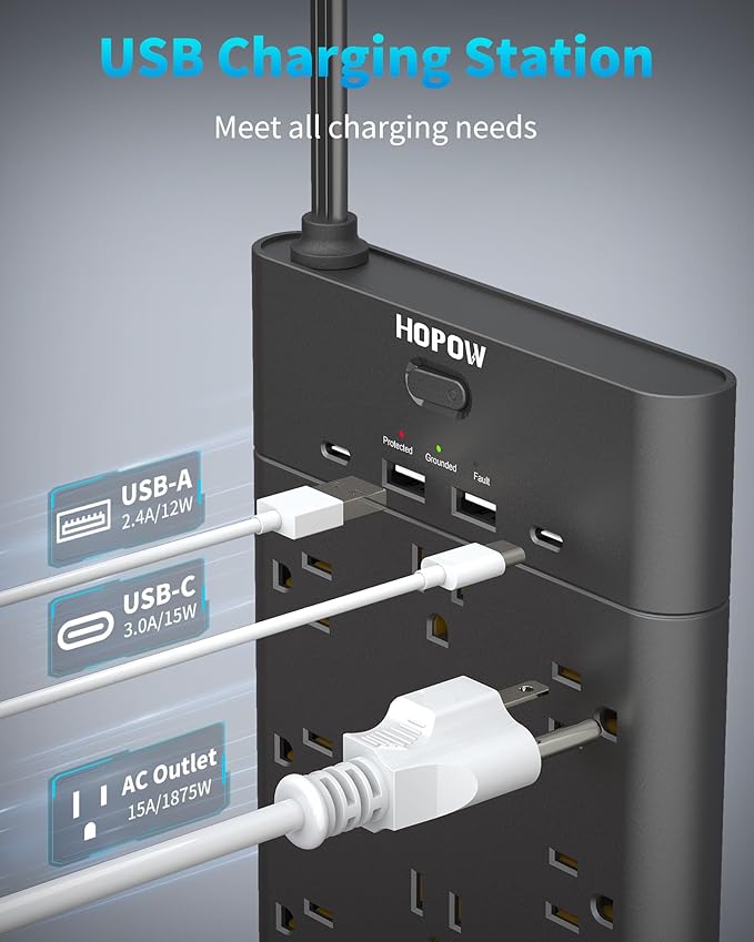 Surge Protector Power Strip with 19 Outlets and 4 USB Ports, HOPOW 15 Ft Flat Plug Heavy Duty Extension Cord, 1875W, 2100J Surge Protection, Wall Mount for Home, Office, Gaming Room, Dorm, Black