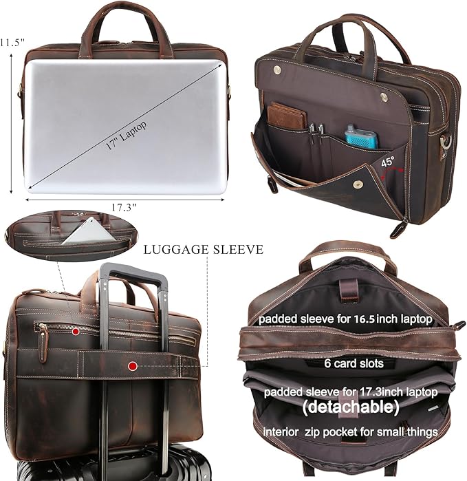 Masa Kawa Leather Briefcase for Men 15.6" - 17" Laptop Computer Case Business Travel Work Messenger Cross Body Shoulder Bag
