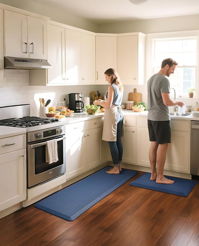 Ophanie Kitchen Mats for Floor, 3/4 Inch Thick Kitchen Rugs, Anti Fatigue Standing Cushioned Mat, Waterproof,Comfort Ergonomic Mat for Office, Home, Sink, 24'' x 70'' Blue Non-Slip Bottom