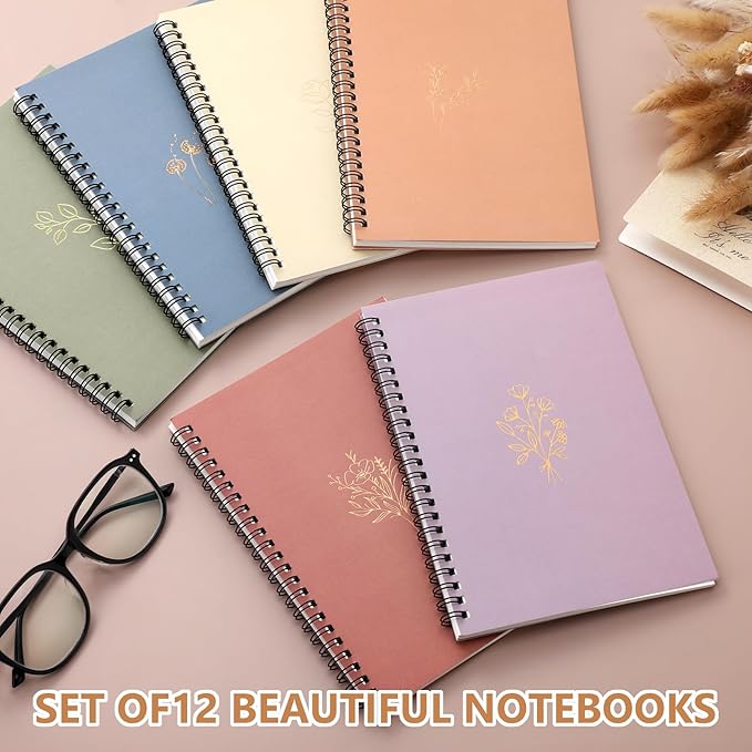 Fuutreo 12 Pcs Spiral Notebook for Work A5 8.3 x 5.7 Inch College Ruled Spiral Journal Notebook Kraft Cover Ruled Paper, 12 Color, 60 Sheets, 120 Pages for Office School(Hot Stamping)