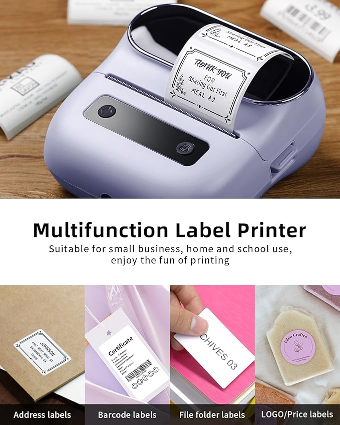 Phomemo M220 Label Maker, Bluetooth Thermal Label Maker Machine for Barcode, Address, Home, Mailing, Small Business,Clothing, Portable Wireless Printer with 1 Rolls Label, Purple