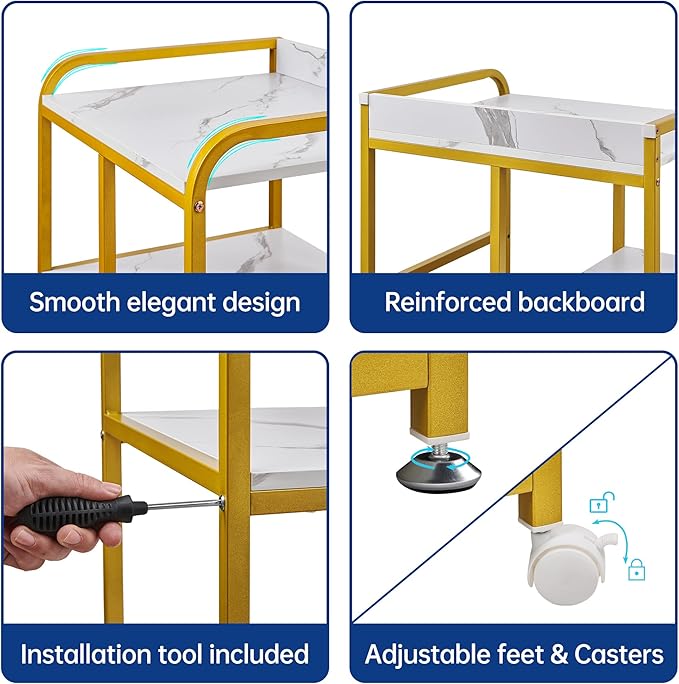 Large Printer Table Stand with Shelf for Computer Tower, CPU and Shredder, 22 x 18 Inch Rolling Printer Cart with Wheels for Home Office Storage and Organization - White Gold