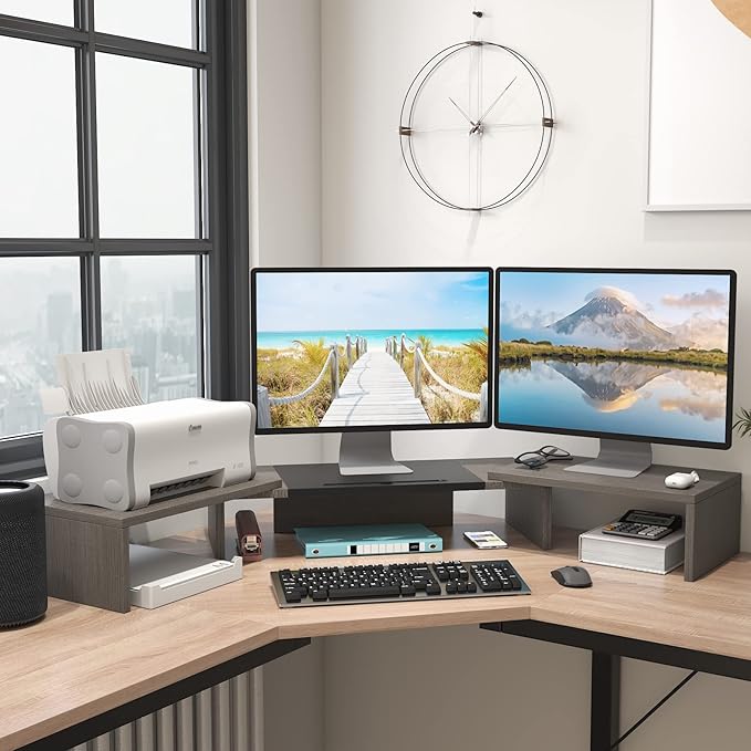 WESTREE Triple Dual Monitor Stand Riser, 56" Extra Long Monitor Stand for 1~2~3 Monitors, Monitor Stand with Length and Angle Adjustable, 3 Shelf Desktop Organizer Riser for Monitor Computer Laptop