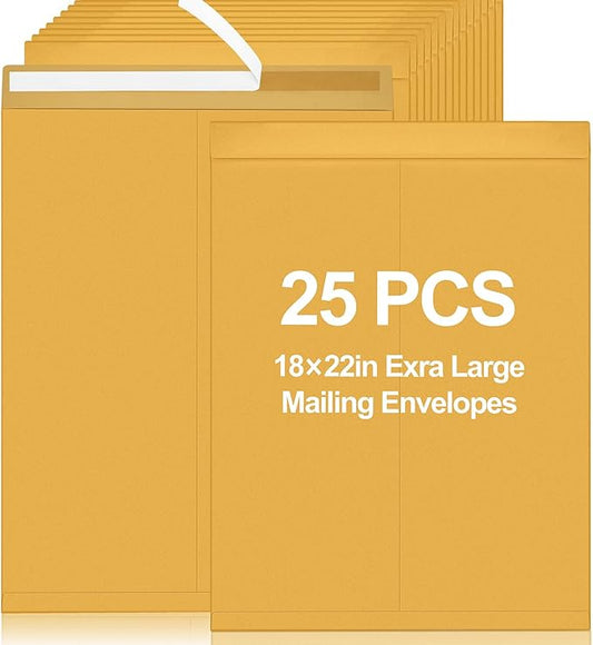25 Pcs 18 x 22 Inch Jumbo Mailing Envelopes 32lb with Gummed Flaps, Extra Large Flat Catalog Envelopes for Mailing, Storage and Organizing Documents Photos Office Supplies