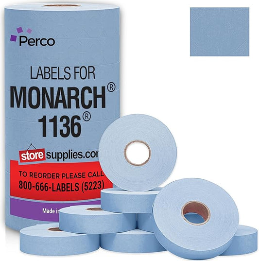 Perco Blue Pricing Labels for Monarch 1136 Price Gun - 8 Rolls, 14,000 Pricemarking Labels - with Bonus Ink Roll Included