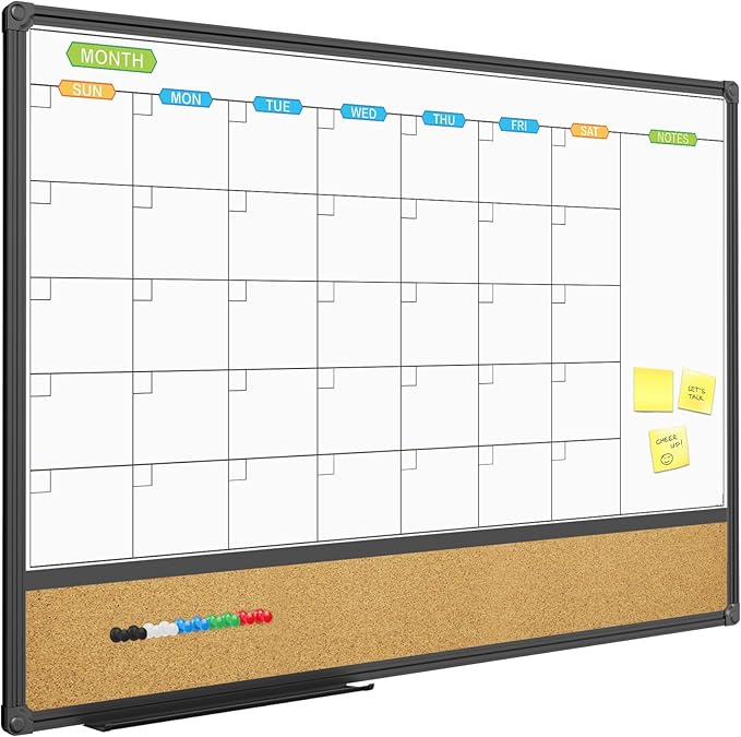 JILoffice Magnetic Calendar Whiteboard & Bulletin Corkboard Combination, Combo Board 36 x 24 Inch, Black Aluminum Frame Wall Mounted Board for Office Home and School with 10 Push Pins