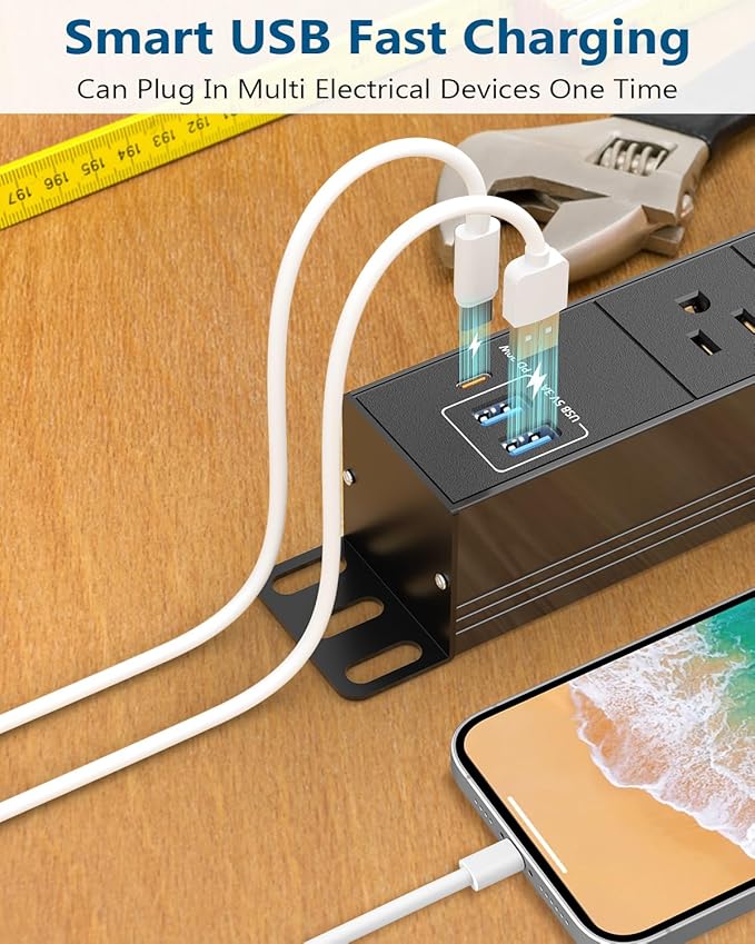 8 Outlet Heavy Duty Power Strip with USB PD 20W, BTU Surge Protector 6FT Cord Long Power Strip with USB A & USB C, Wide Spaced and Wall Mount Metal Powerstrip for Home Office Garage Workshop