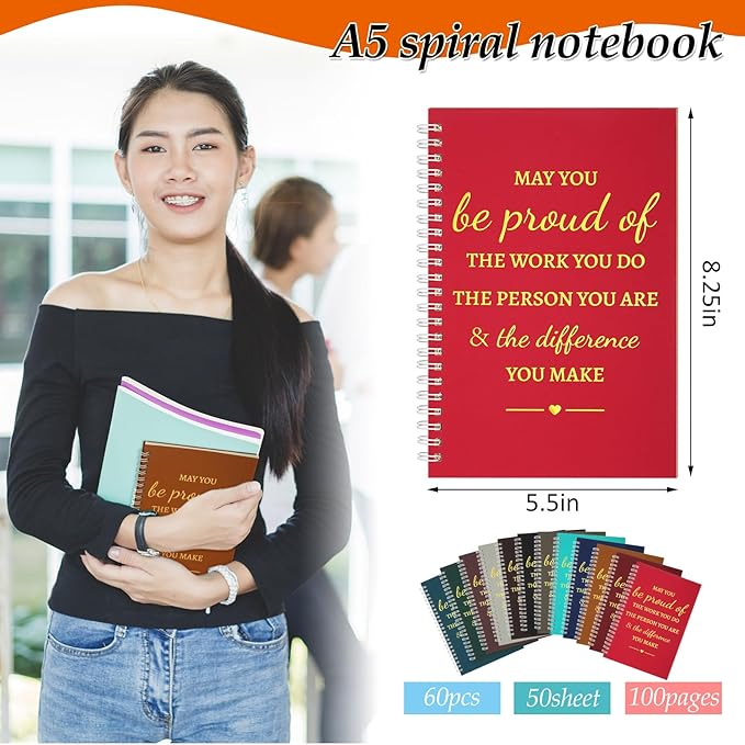 Colarr 60 Pcs A5 Inspirational Spiral Notebook Bulk Appreciation Gift 6x8 Inch Motivational Notepad 100 Page/50sheet Lined College Ruled Journal for Employee Coworker Teacher Nurse (Dark Colors)