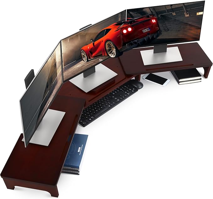Nnewvante Monitor Stand Riser, Upgrade Height Large TV Riser, 60 inch Large Bamboo Dual Monitor Stand for Desk, 3 Shelves Desktop Screen Riser with Adjustable Length Angle for Computer Laptop Walnut