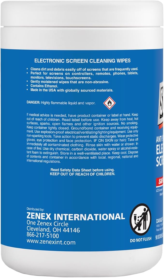 Zenex Screen Clean Anti-Static Electronic Screen Wipes - Single Sided Non-Abrasive Towels | For TV, Phones, Monitors | Quick Dry & Streak-Free | Prevents Static Build-up (2 Pack | 180 Sheets Total)