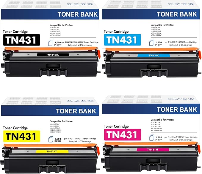 TN-431 TN431 4-Color Toner Cartridge Set 4 Pack Compatible for Brother TN431 TN 431 TN-431 TN431BK for Brother MFC-L8900CDW HLL8360CDW HLL8260CDW MFCL8610CDW HLL8360CDWT Printer Ink (BCYM)