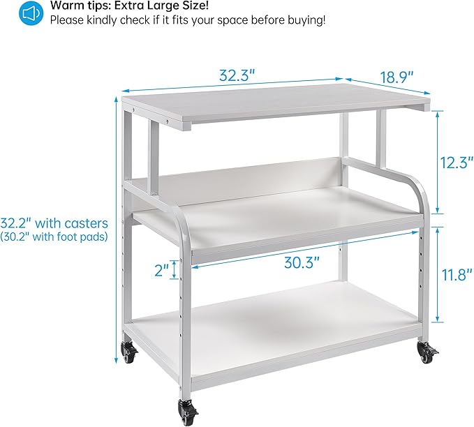 Printer Stand, 32.3" x 18.9" x 32.1" Extra Large Printer Table with Adjustable Storage Shelf, 3 Tier Rolling Printer Cart with Industrial Wheels for Home Office, White
