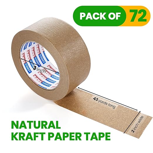 ADHES Heavy Duty Kraft Paper Tape Eco Friendly Packing Tape Writable Non-Coated Surface for Masking, Sealing, and Packaging Use,2” x 43 Yards,72Rolls